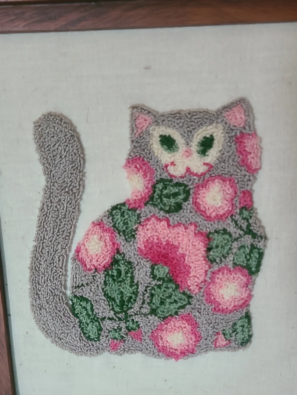 Vintage 70s Cat Embroidery In Wood Frame